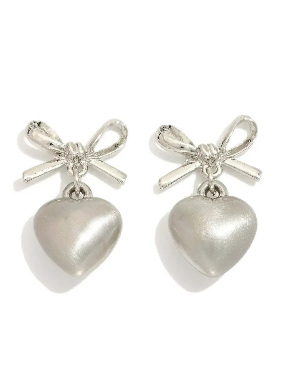 Silver Bow Heart Drop Earrings Statement Dangle Jewelry